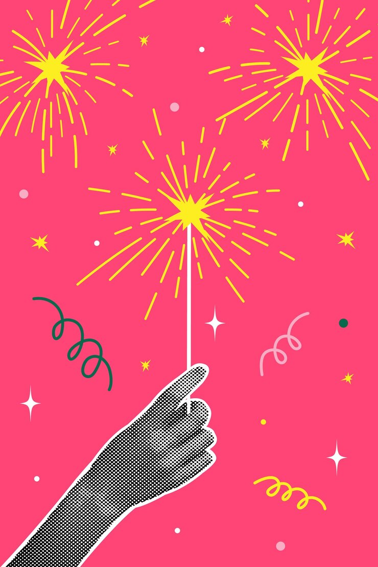Vector halftone collage concept of new year celebration fun human hand holding bengal lights