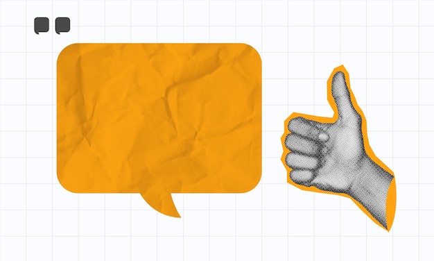 halftone collage creative graphic speech bubble and thumbsup icon illustrating feedback reviews