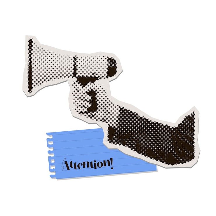 Vector halftone collage hand in jacket sleeve holding loudspeaker attention breaking news concept newspaper