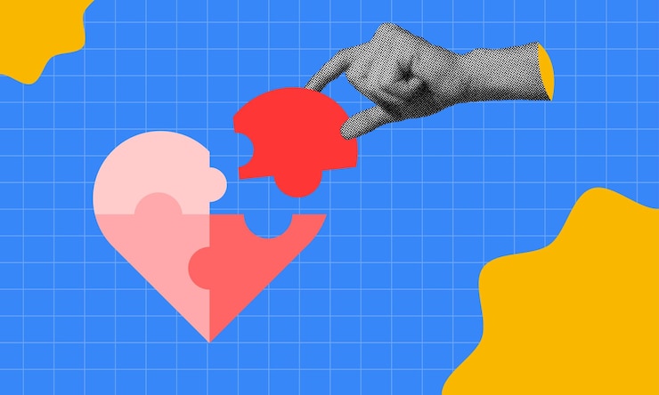 Vector halftone collage heartshaped puzzle being completed by a hand love relationships mental health