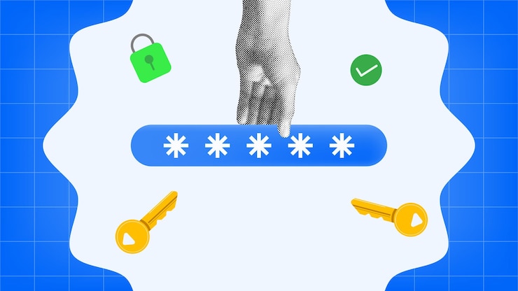 Vector halftone collage secure password input concept with encryption icons cybersecurity key and padlock