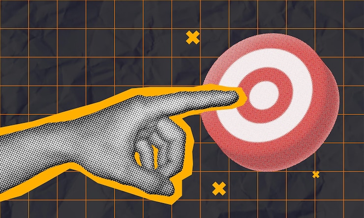 Вектор полутонный коллаж концепция целевого маркетинга с изображением руки, указывающей непосредственно на цель