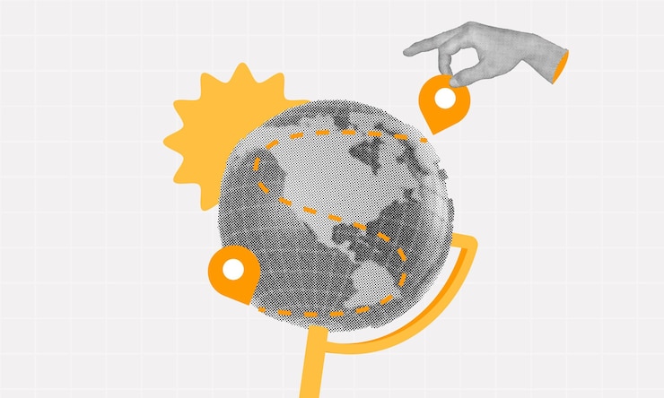 Vector halftone collage trend creative globe with yellow location pins travel routes and a guiding hand
