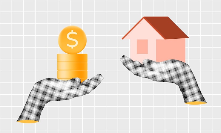 Vector halftone collage visual money trading and real estate offer to exchange real estate concept