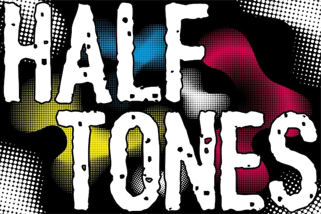 Halftone design elements dotted abstract patterns Isolated on black background CMYK colors