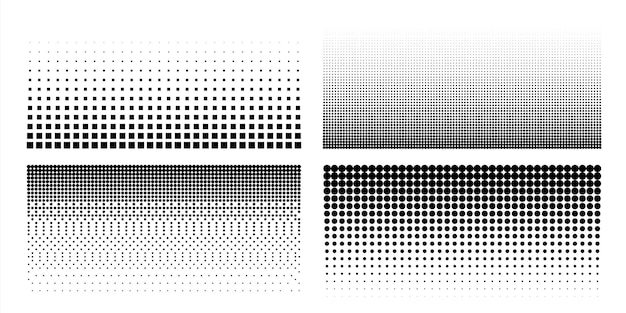 Вектор Полутоновый точечный узор текстуры комического поп-арта черно-белые геометрические полутоновые шаблоны набор перфорированных обложек границы с градиентом от круглых и квадратных точек векторный фон