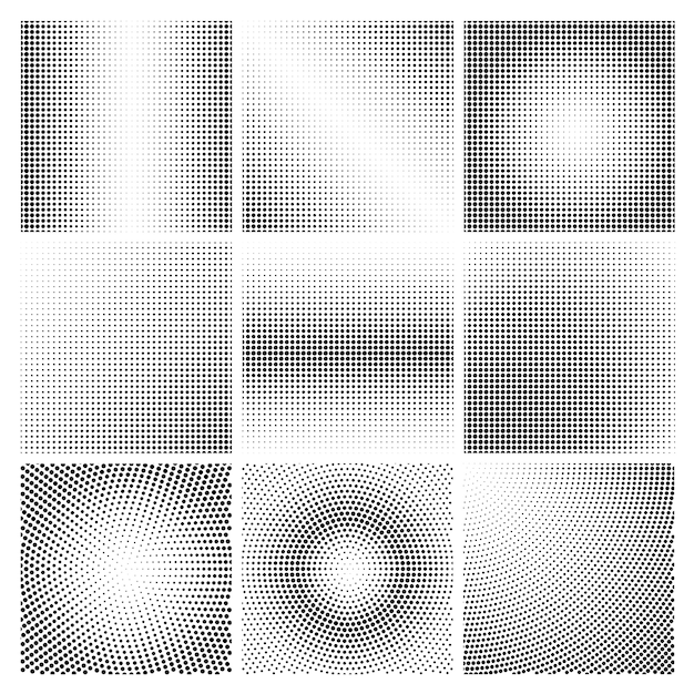 Halftone dots black and white backgrounds vector set
