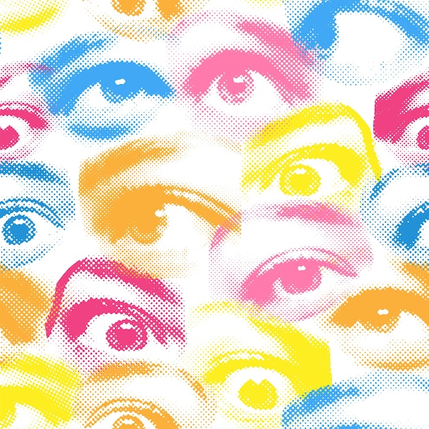 벡터 장식용으로 적합한 점선 텍스처가 있는 하프톤 여성 눈 원활한 패턴 아름다운 여성 눈