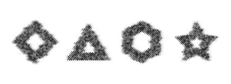 Vector halftone glitch geometric shapes set dotted distorted triangle square hexagon and star elements