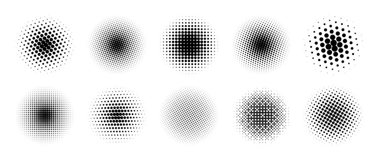 Vector halftone gradient circles collection dots textured round patterns cartoon comic radial faded