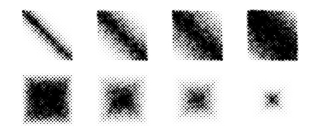 벡터 하프톤 그라데이션 사각형 모양 집합 점선 모래 질감 큐브 컬렉션 대각선 선형 및 방사형