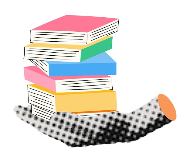 Полуцветная рука, держащая стопку книг, коллаж, векторная иллюстрация