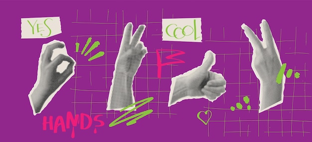 Halftone handen gebaar op violette achtergrond Punk kunst vectorillustratie