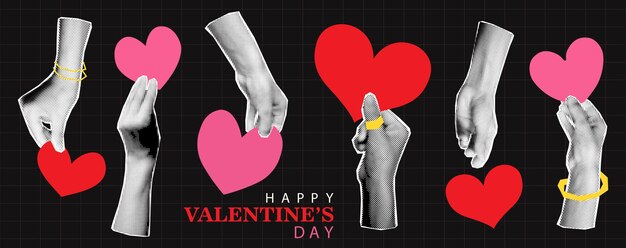 Vector halftone hands holding hearts collage elements vector illustration
