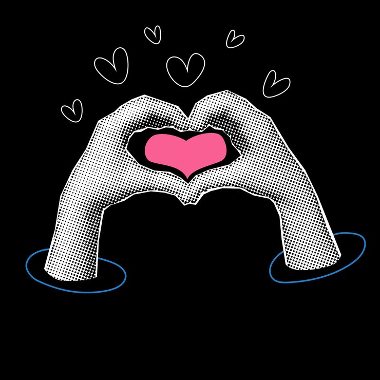 Vector halftone hands making heart shape collage banner