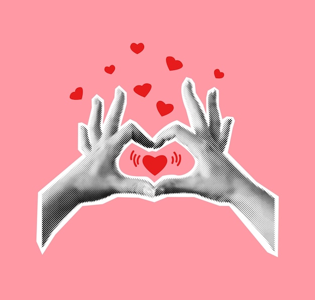 Halftone hands making heart symbol collage illustration