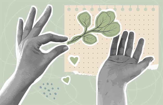 Halftone hands torn page and plant element