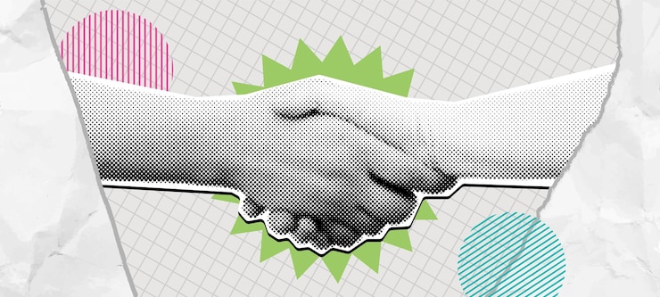 Вектор полуцветный коллаж рукопожатия win win deal смешанные средства массовой информации рукопожатие символизирует соглашение партнерство и сотрудничество векторная иллюстрация