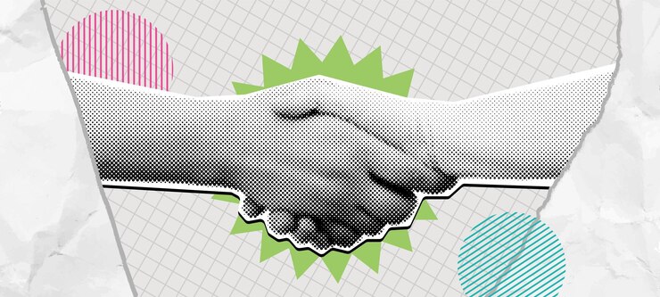 Вектор полуцветный коллаж рукопожатия win win deal смешанные средства массовой информации рукопожатие символизирует соглашение партнерство и сотрудничество векторная иллюстрация
