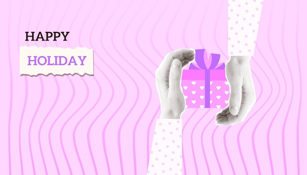 Halftone holiday banner with couple of hands gives a gift box