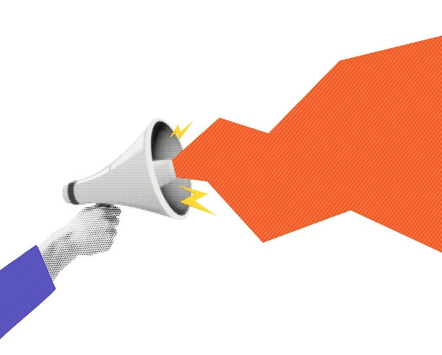 halftone megaphone loudspeaker in hand advertising speaker with lightning collage in retro style