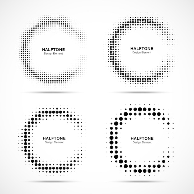 Halftone onvolledige cirkel frame stippen logo set halfronde grens halftone cirkel stippen textuur vector