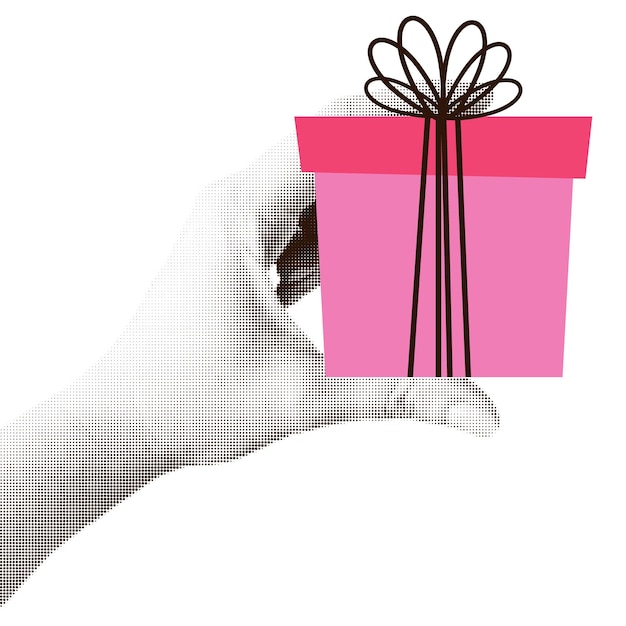 Halftone retro hand holding gift box