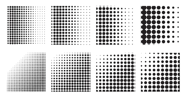 Halftone square shapes background design vector set of eight