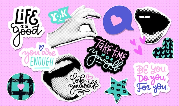 Halftone stickers set with self love collage elements mouth and hands torn out papers modern art