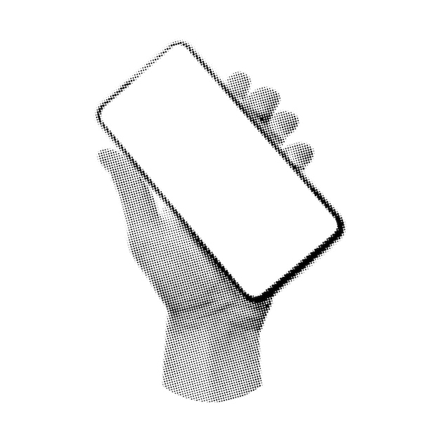 Halftone van mobiele telefoon in de hand op een witte achtergrond