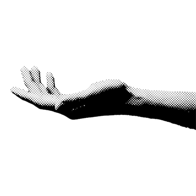 Vector halftone vector image of human hand side view isolated on background with geometric shapes and eleme