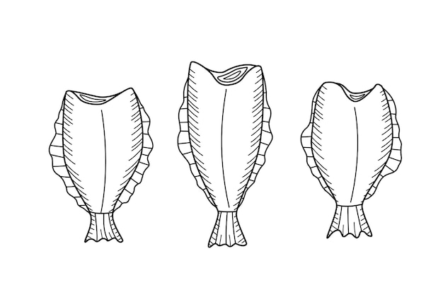 オヒョウの頭のない魚の落書きスケッチを描く生または乾燥した魚介類のヒラメ ベクトル イラスト
