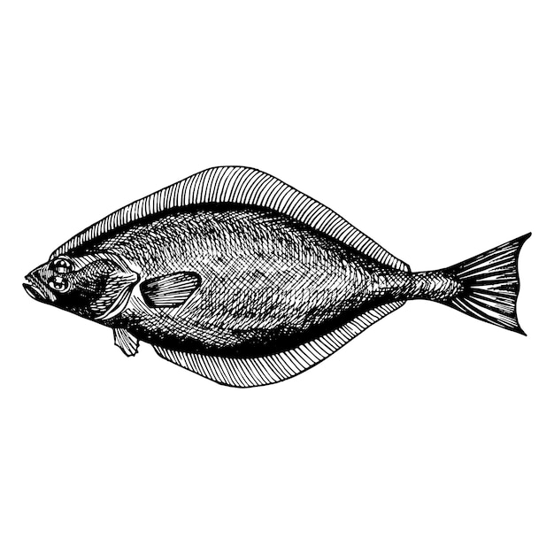Vector halibut turbot commerciële zeevis gravure handgetekende schets vintage stijl