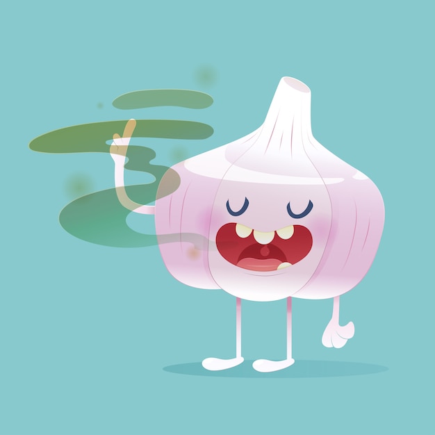 Halitosis concept of cartoon garlic with bad breath on the green background