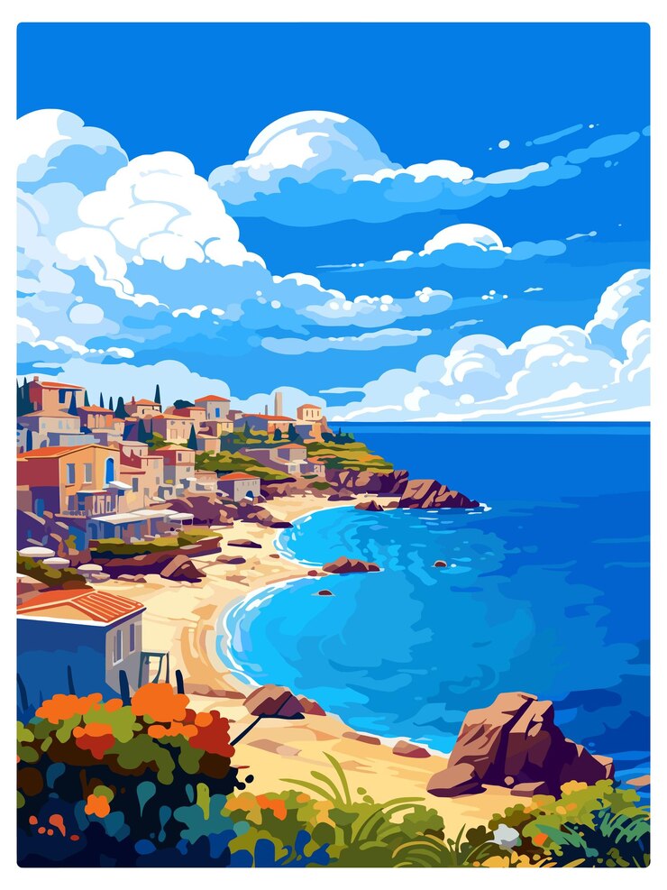 Vector halkidiki greece vintage travel poster souvenir postcard portrait painting wpa illustration