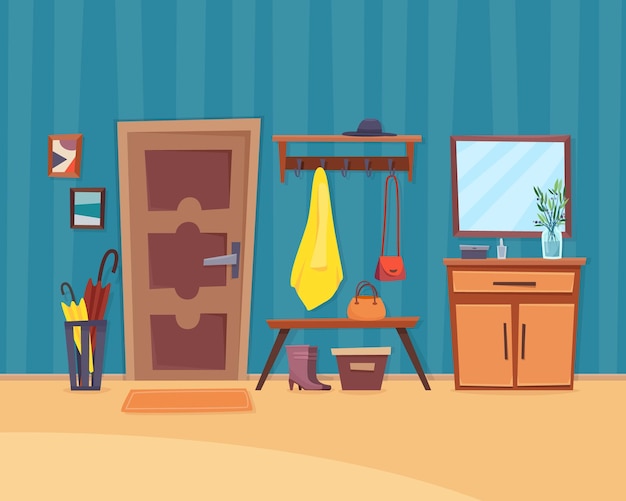Vector hall interior with furniture with door flat cartoon style vector illustration