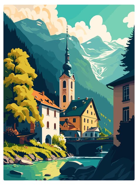 Vector hallein oostenrijk vintage reisposter souvenir postkaart portret schilderij wpa illustratie