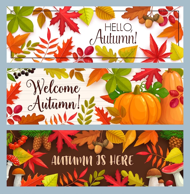 Hallo herfst banners met vallende bladeren