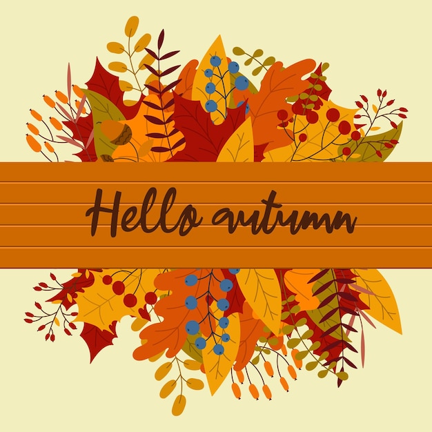 Hallo herfst belettering ansichtkaart Herfst vector banner van bladeren en takken Herfst gebladerte herfst en populaire bladeren Herfst ontwerp Vector illustratie