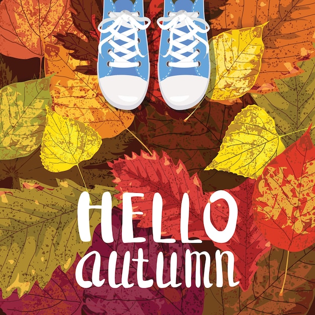 Vector hallo herfst belettering sneakers schoenen op herfstbladeren herfstbladeren herfststemming romantiek