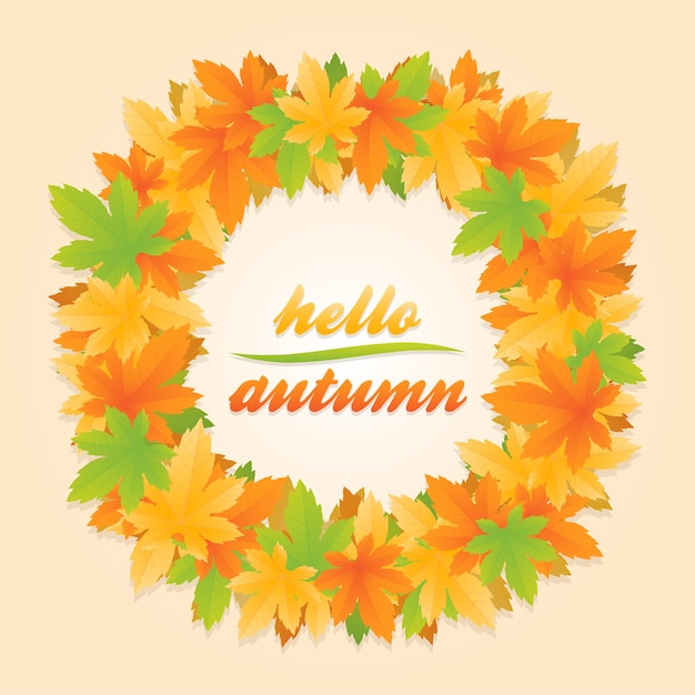 Hallo herfst cirkel banner omgeven met frame van oranje, gele en groene esdoorn bladeren