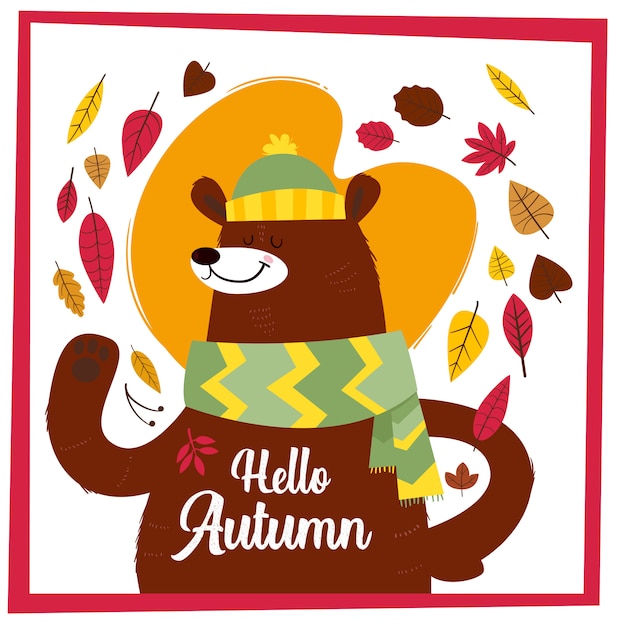 Vector hallo herfst. creatieve hand getrokken kaart met schattige grote beer