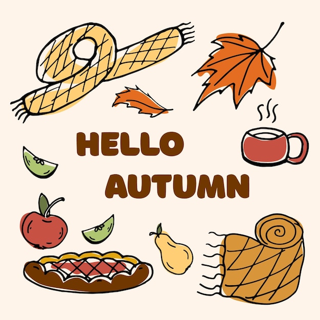 Hallo herfst, gelukkige herfst, set doodle kleur vector afbeelding