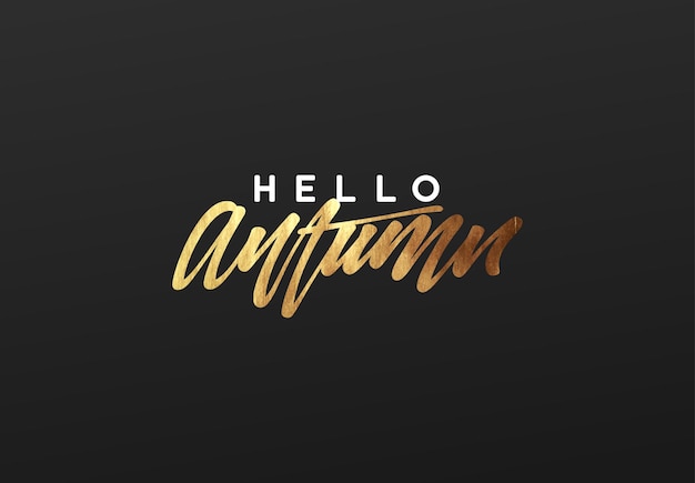 Hallo herfst, gouden tekst handgeschreven kalligrafie. Vector illustratie