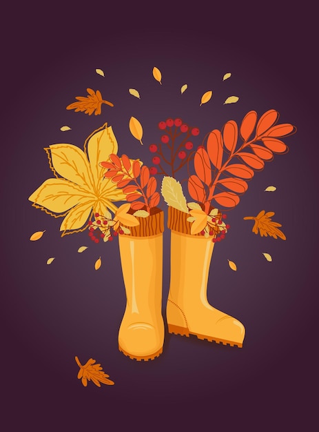 Hallo herfst Herfstbladeren tak met lijsterbessen in rubberen laarzen Banner ansichtkaart poster