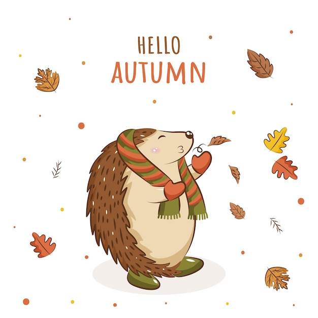 Hallo herfst lettertype met cartoon egel waait bladeren op witte achtergrond