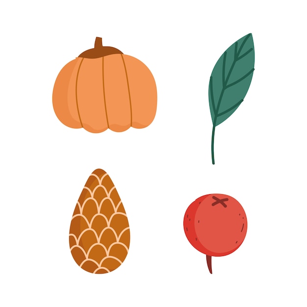 Hallo herfst pompoen pinecone blad en fruit pictogrammen.