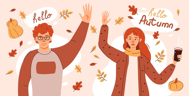 Hallo herfst poster. Een meisje en een jongen in herfstgebladerte begroeten de herfst en drinken koffie. Platte vector