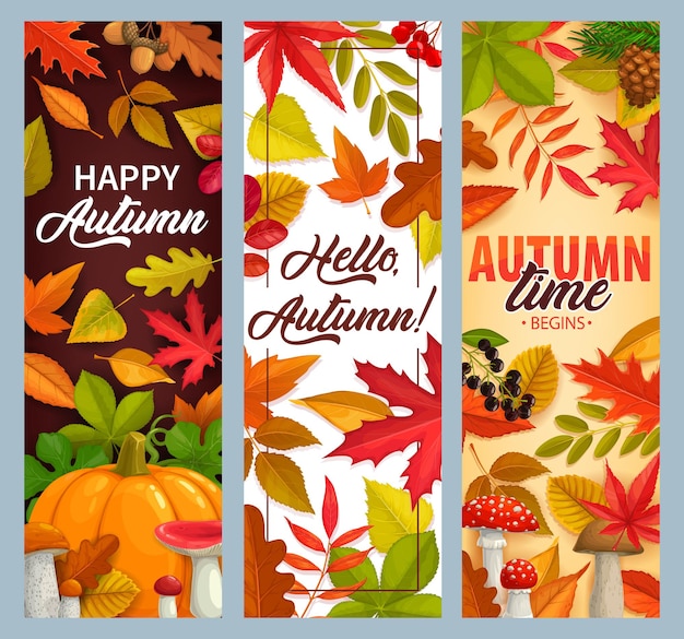 Hallo herfst vectorbanners met vallende bladeren