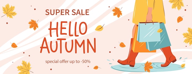 Hallo herfst verkoop banner. Vrouw met aankopen in de herfst.